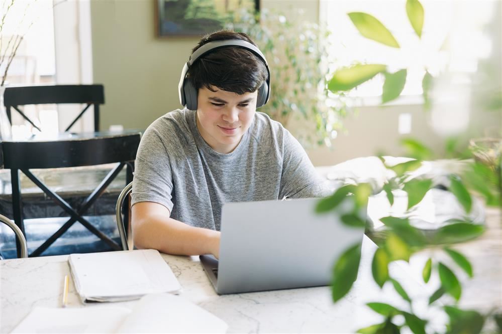 A boy at a laptop in his dining room